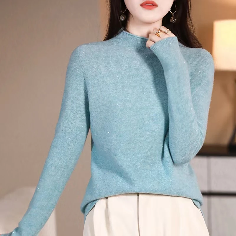 秋冬新款一线成衣亮片经典百搭打底套头针织羊毛衫上衣女