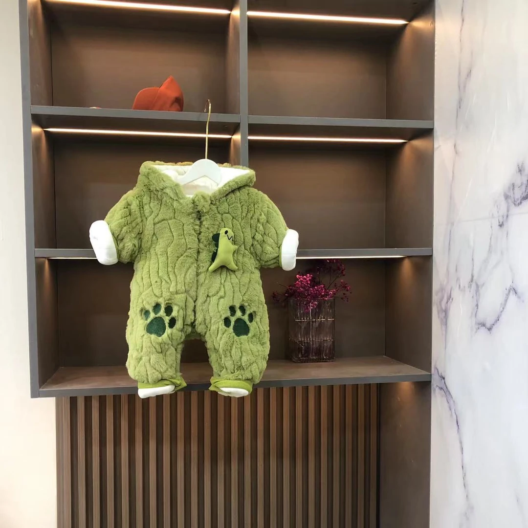 【潮】冬季新款男女宝宝可爱洋气加棉加厚加绒连帽恐龙连体哈衣爬服