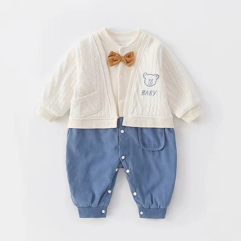 【潮】新款春秋款韩版领结拼接连体马甲假两件洋气绅士外出服宝宝