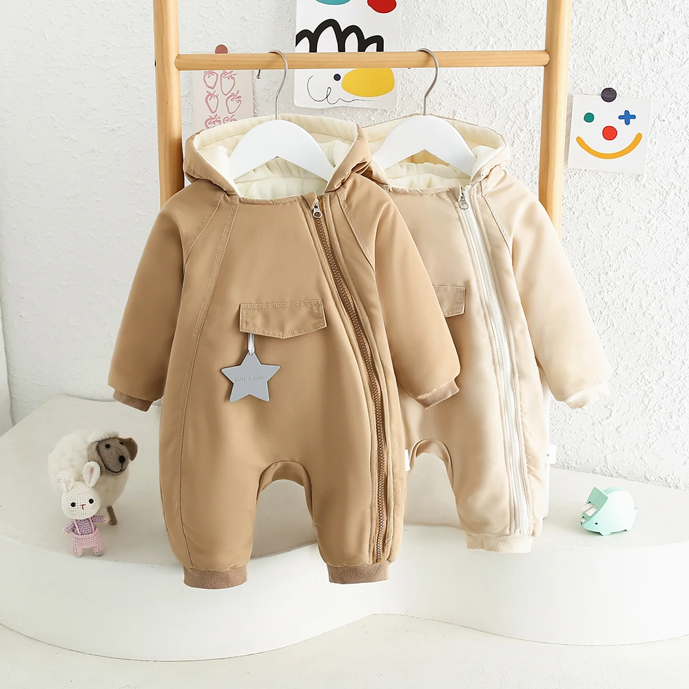 【潮现货】新款宝宝冬款男女宝宝加绒加棉斜拉链五角星连体哈衣