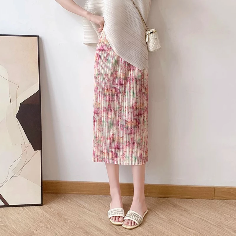 复古碎花三宅皱褶半身裙女2024春夏新款松紧腰口袋黑色显瘦直筒裙