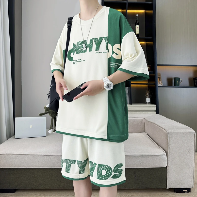 夏季新款青少年时尚宽松休闲运动学生篮球服字母短袖T恤套装男款