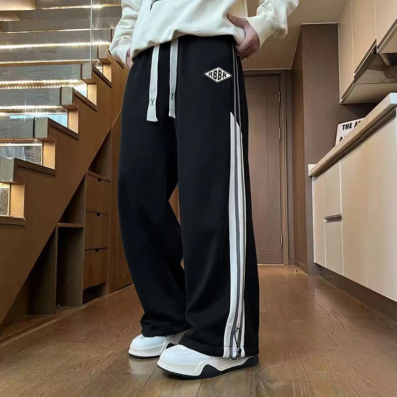 秋冬季爆款青春流行港风条纹直筒休闲裤青少年拼色微弹百搭休闲裤