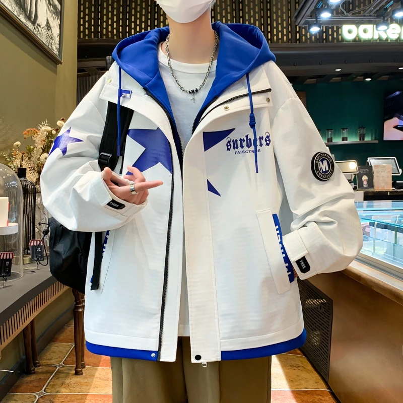 青少年春秋季连帽休闲男外套百搭学生帅气假两件夹克上衣外套潮流