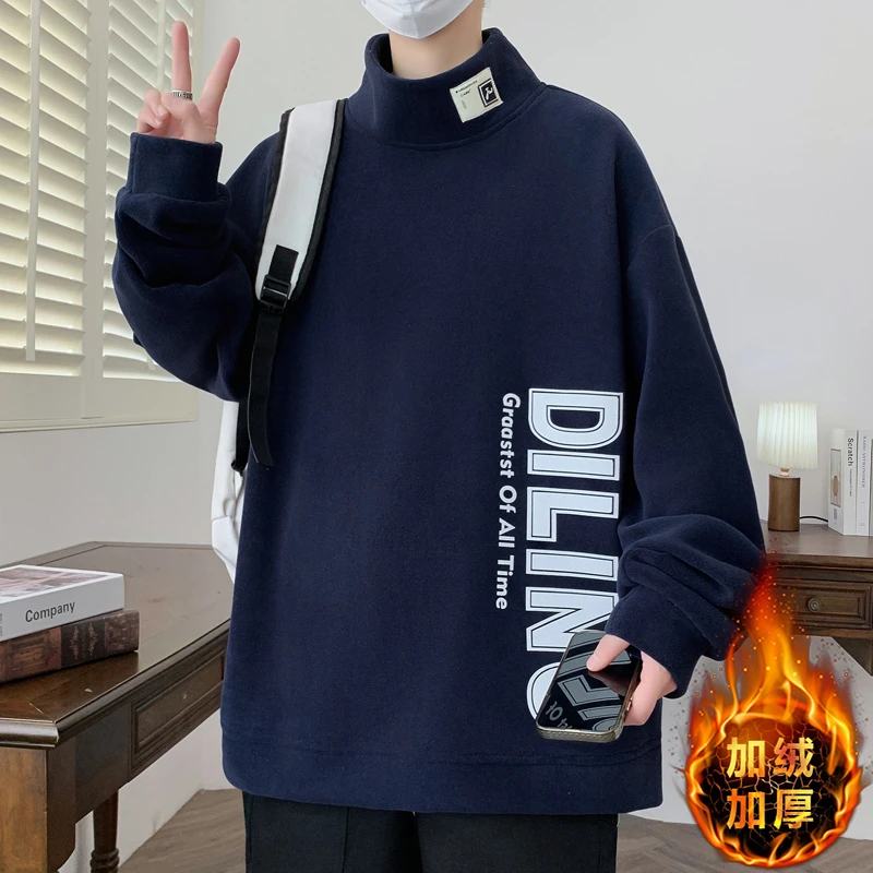 秋冬季新款半高领字母印花加绒卫衣青少年长袖奥粒绒上衣休闲百搭