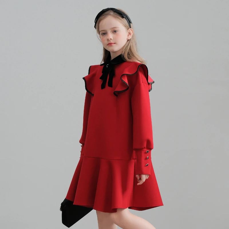 1028女童红色连衣裙冬季新款新年服秋冬款裙子中大童女孩拜年服