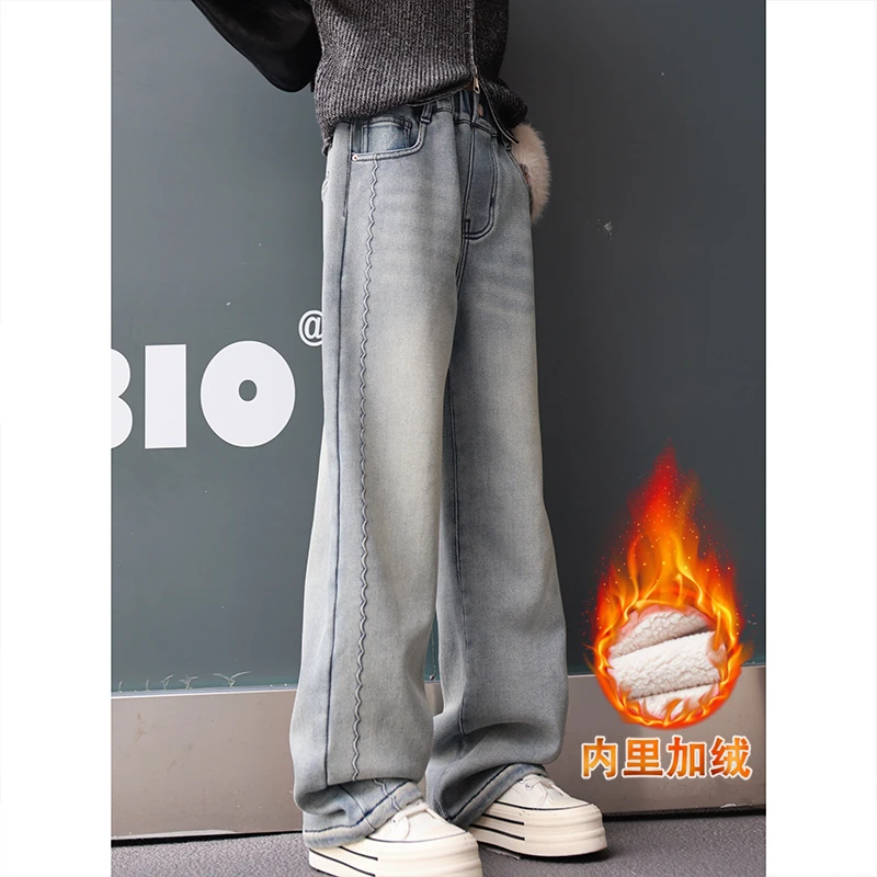1686女童加绒牛仔裤浅蓝新款爆款中大童洋气直通显瘦软牛仔裤童装