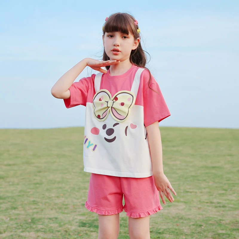 0703女童短袖套装睡衣纯棉儿童夏季外穿粉色可爱中大童家居服夏装
