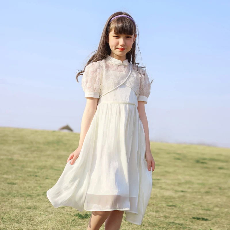 0631女童连衣裙夏装儿童套装裙新中式公主裙夏季2023新款米色裙子