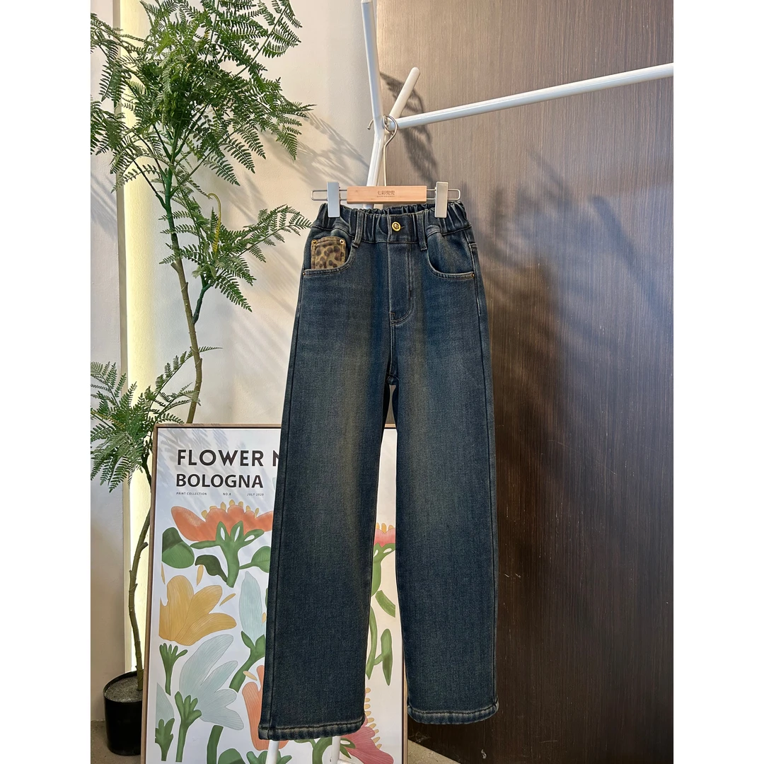1651女童加绒牛仔裤豹纹新款爆款大女孩裤子洋气直筒软牛仔裤童装