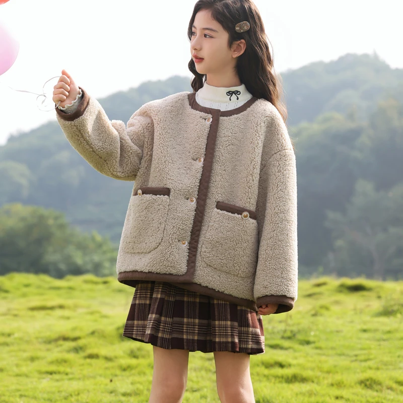 1580女童毛毛秋冬外套洋气大童洋气时髦百搭皮毛一体加厚冬款外套