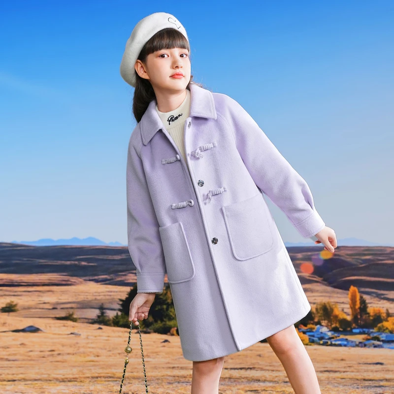 0862女童大衣外套2023新款冬季紫色长款洋气翻领单排扣中长款毛呢