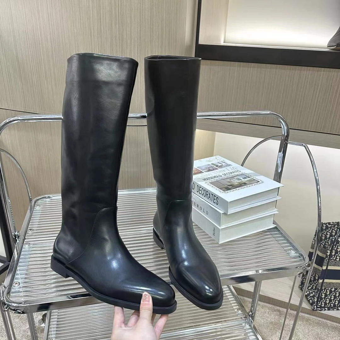 浅歌2024秋冬新款欧洲站时尚百搭低跟平底套筒骑士靴女0302
