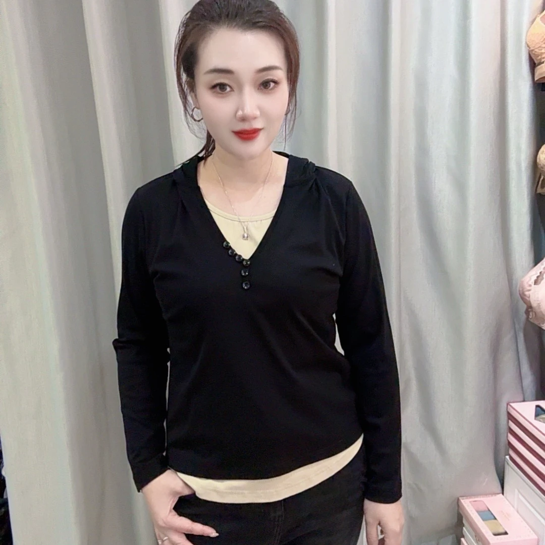 6827秋季新款休闲连帽T恤假两件修身上衣