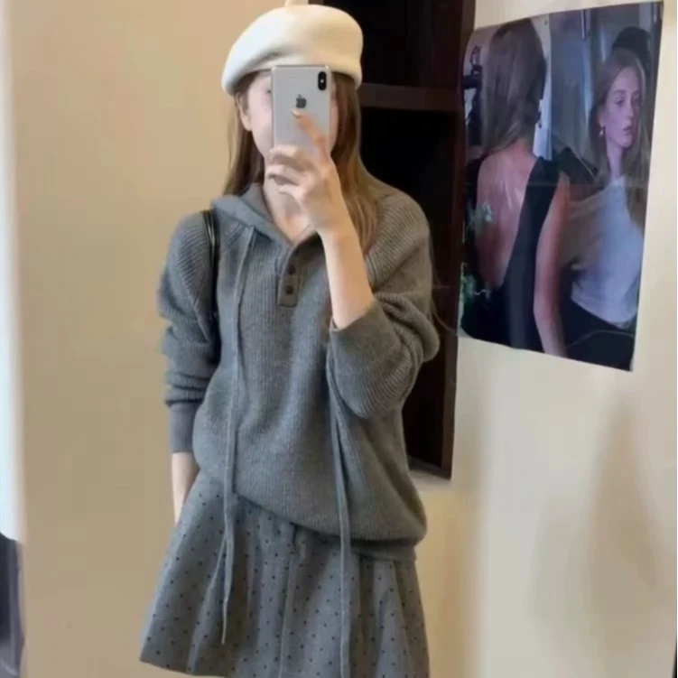 8851冬季休闲 连帽毛衣减龄百搭毛衣针织衫长度62公分