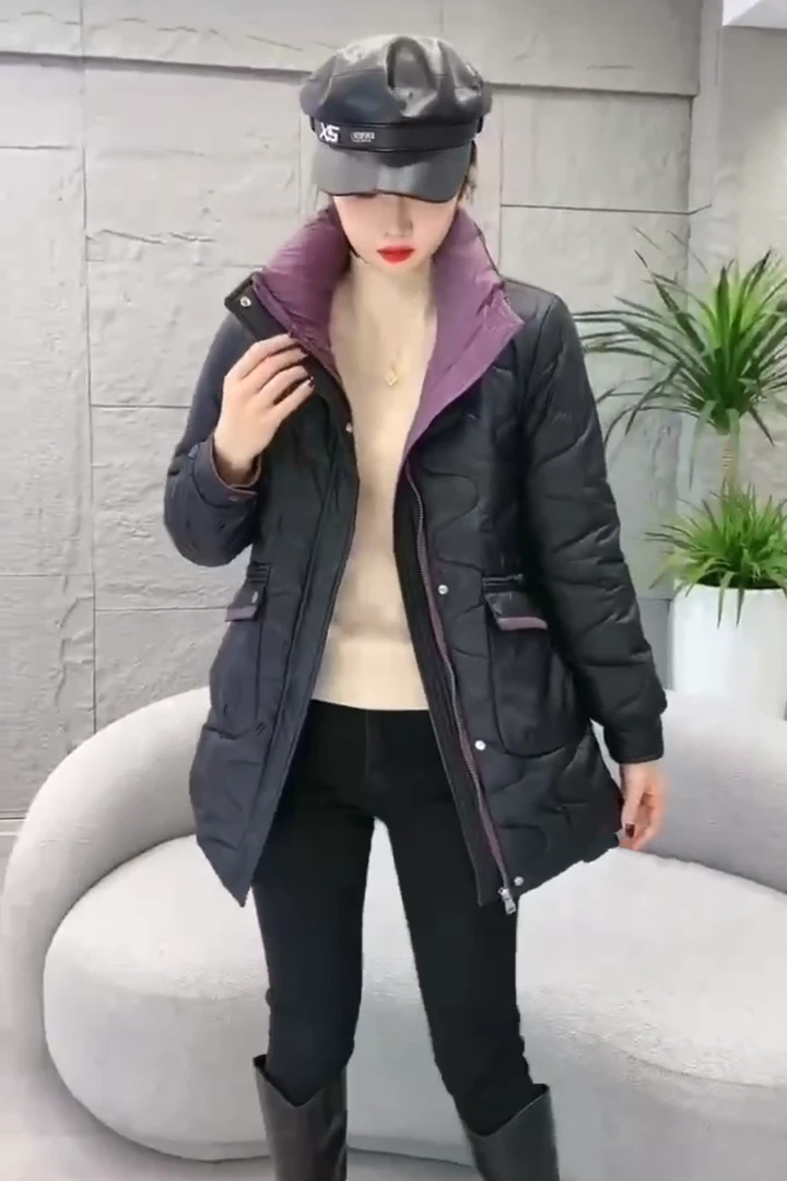 6813冬季中长款棉衣撞色休闲时尚百搭轻薄棉衣长度72公分