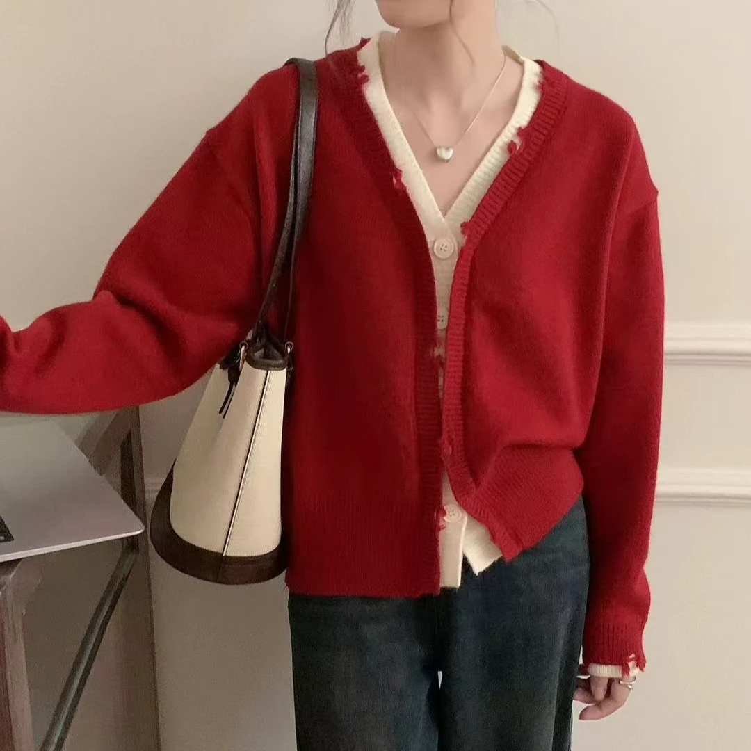 611冬季假两件开衫毛衣休闲时尚短款毛衣