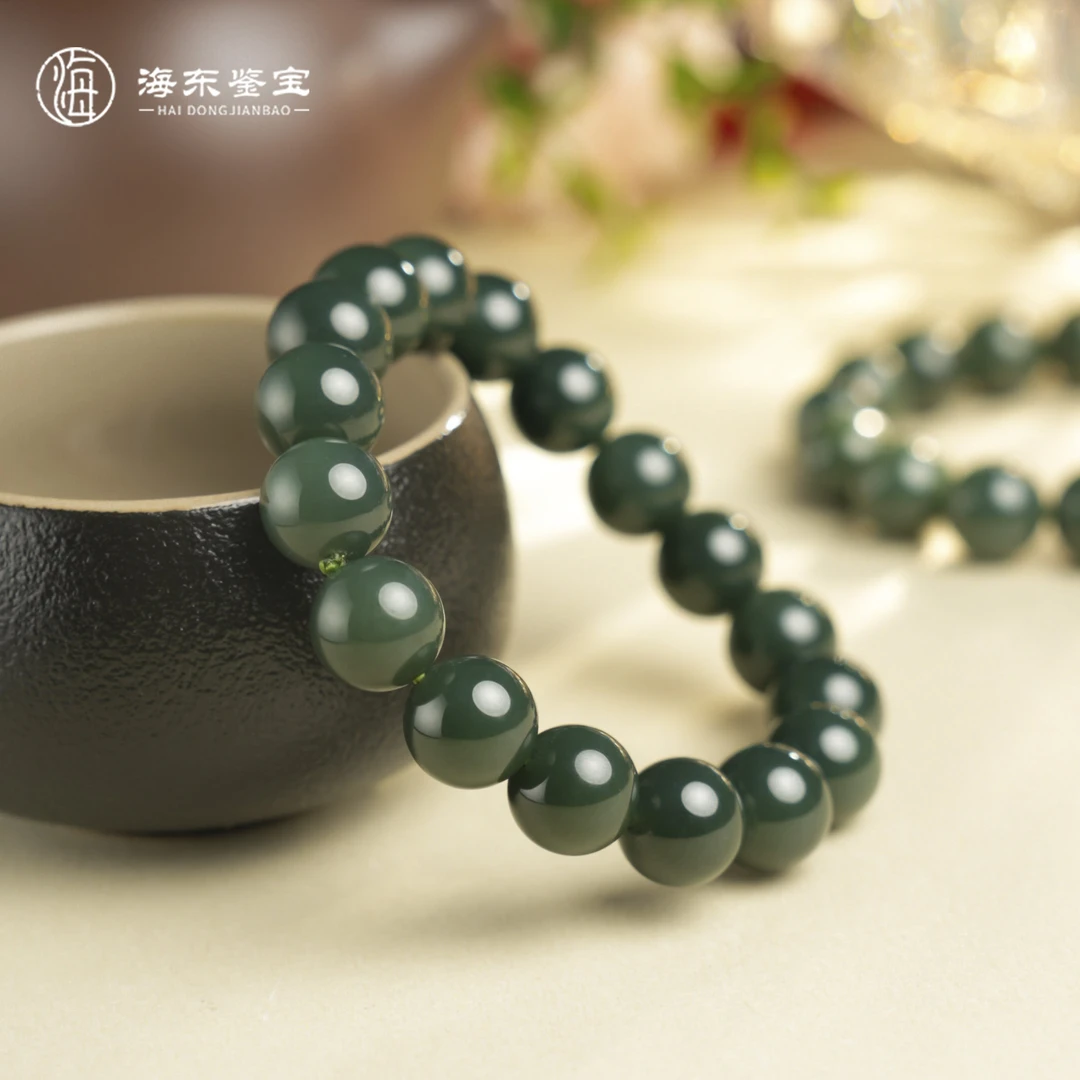【海东鉴宝】天然和田玉沙枣青手串单圈菠菜绿多样性11mm（商城）