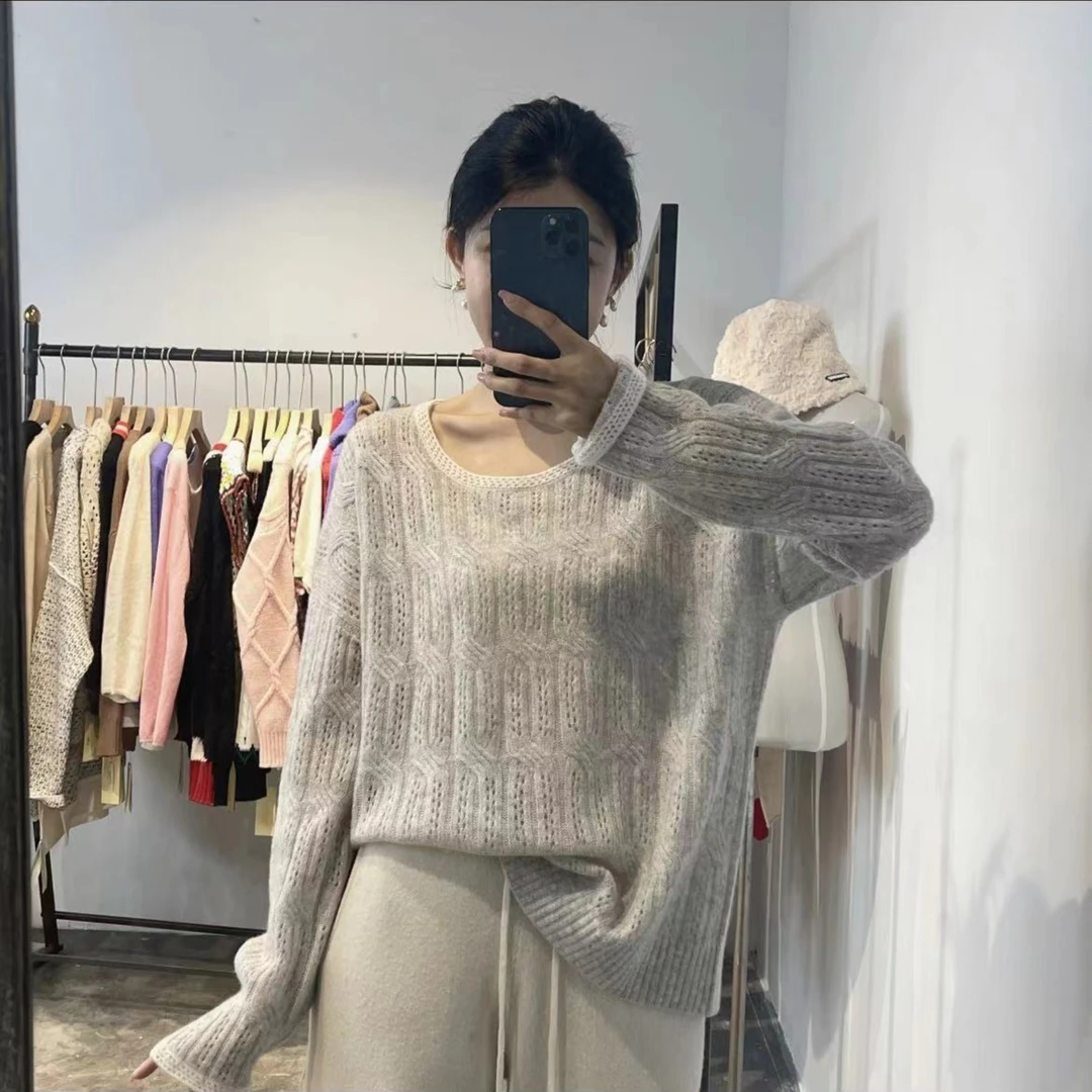 【杰娜洋羊绒】轻奢231413休闲时尚气质全身镂空麻花圆领羊绒衫
