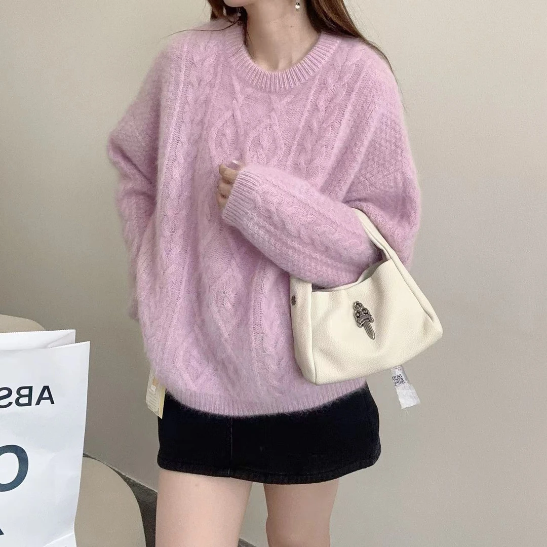 【杰娜洋羊绒】拉绒工艺241248-100羊绒软糯慵懒风麻花圆领套头衫