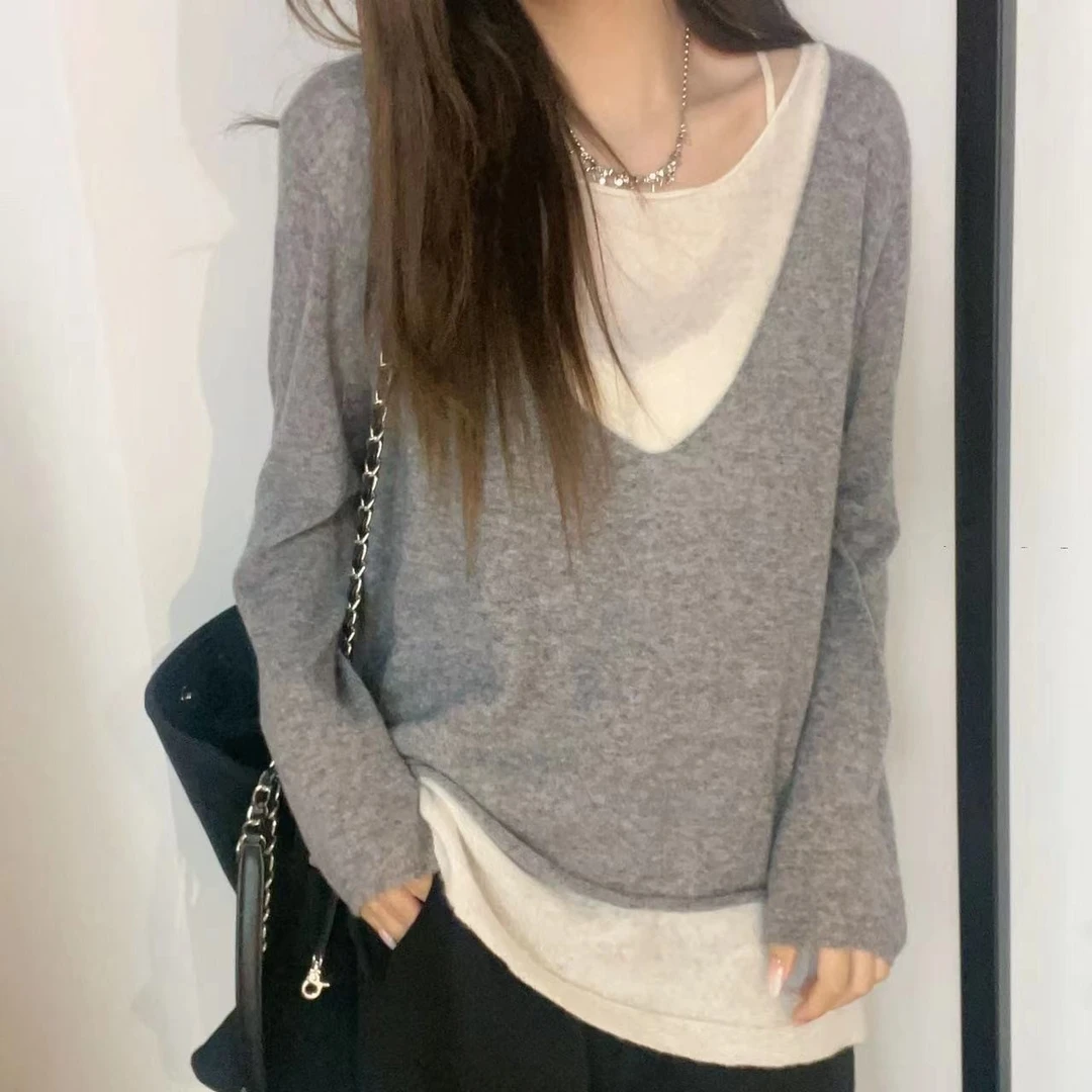 【杰娜洋冬季新款】230605轻奢时尚设计感假两件baby绒山羊绒上衣