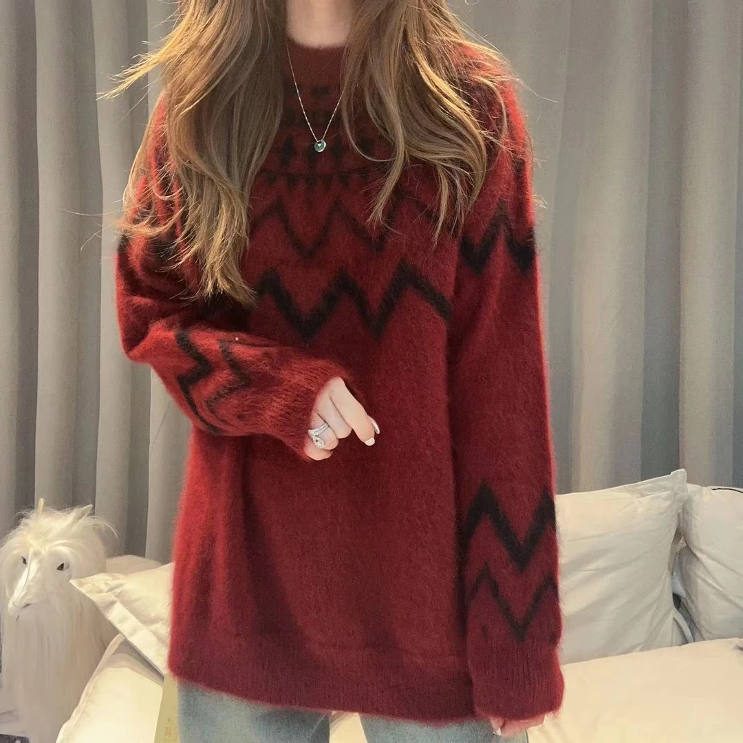 JIE NA YANG 轻奢231871拉绒工艺软糯时尚立体嵌花圆领纯羊绒衫