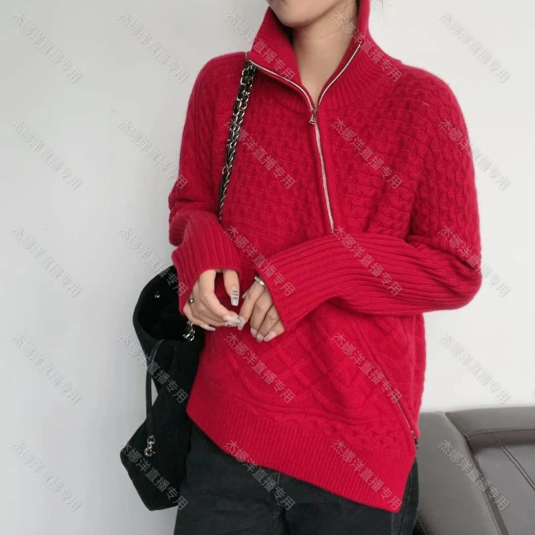 【杰娜洋双十一好物节】221507名媛轻奢斜拉链绞花半高领羊绒衫