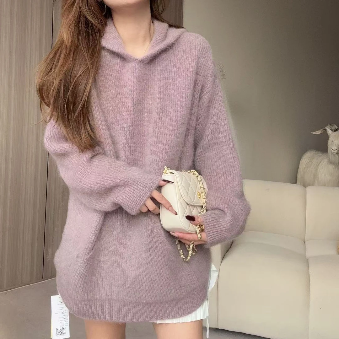 【百分百山羊绒】241913秋冬厚款拉绒工艺连帽羊绒衫卫衣款时尚百搭