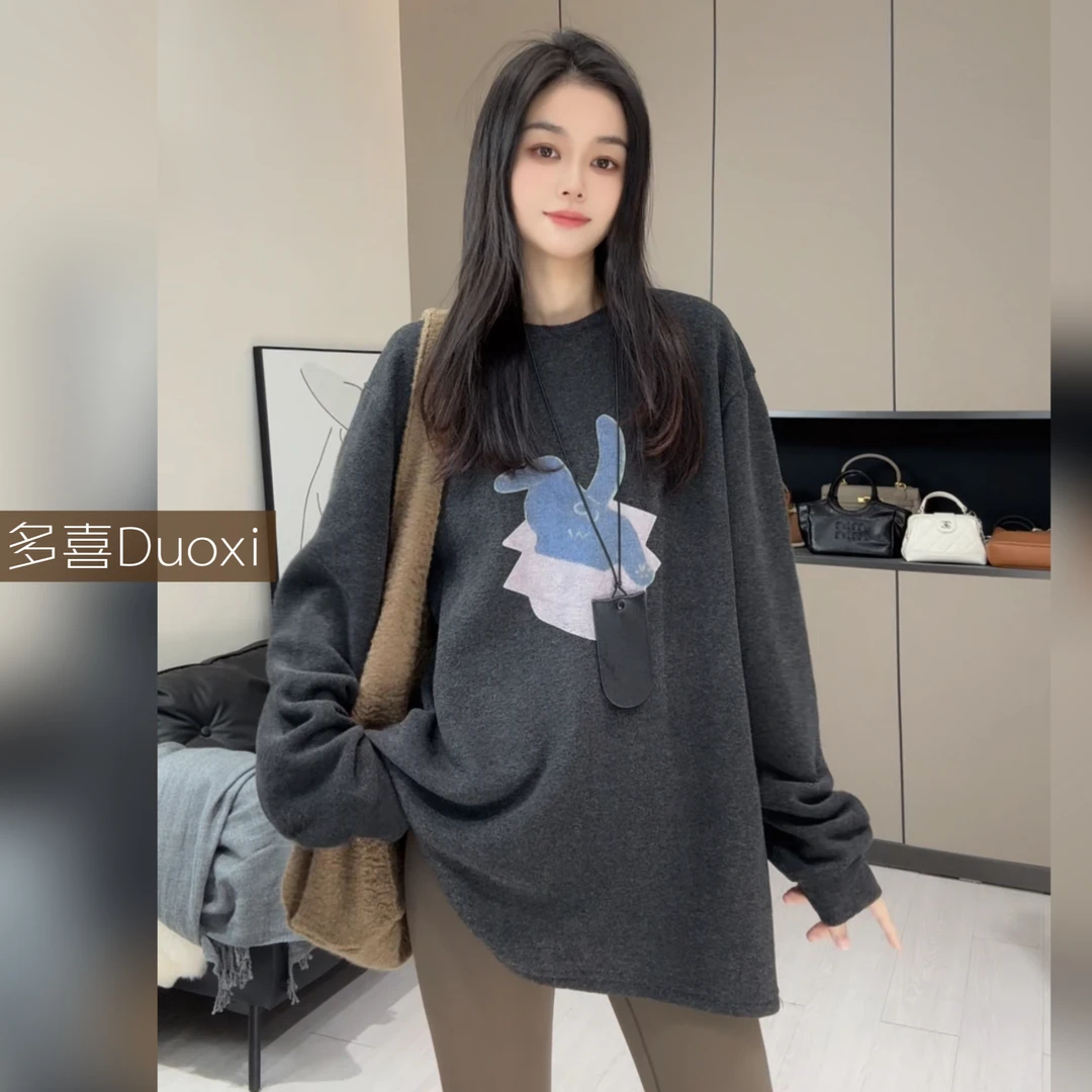 【Duoxi】"躲猫猫"冬季新品 加绒保暖套头长袖圆领上衣宽松T恤