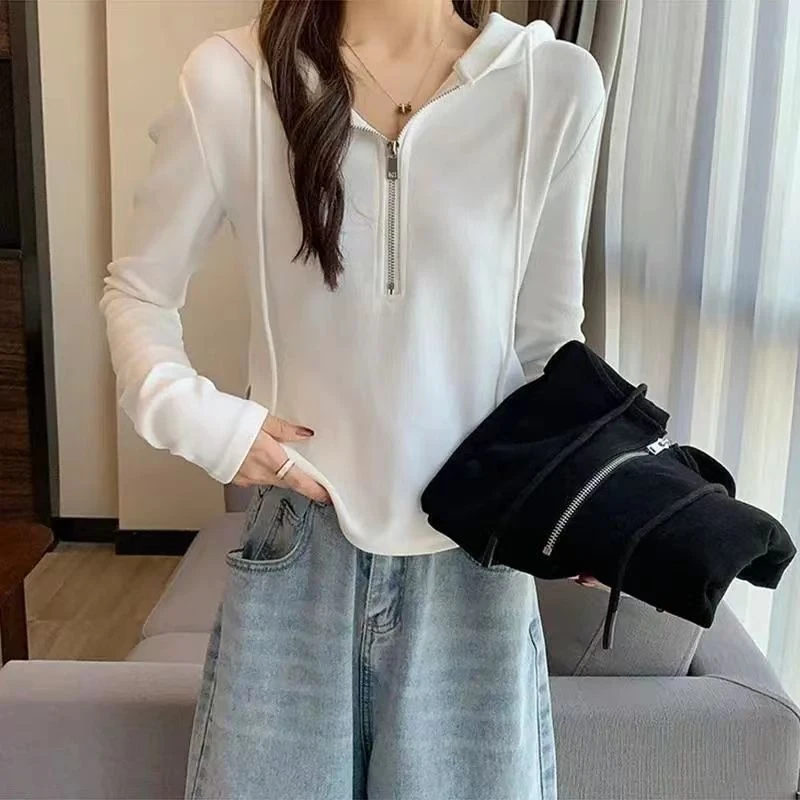 浪莎百搭抽绳连帽棉卫衣女春季ins半拉链洋气上衣显瘦长袖正品