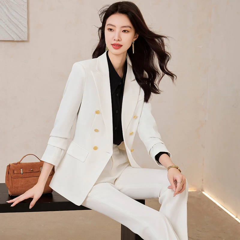 时尚白色西装套装通勤双排扣修身播音主持面试西服正装工作服8017