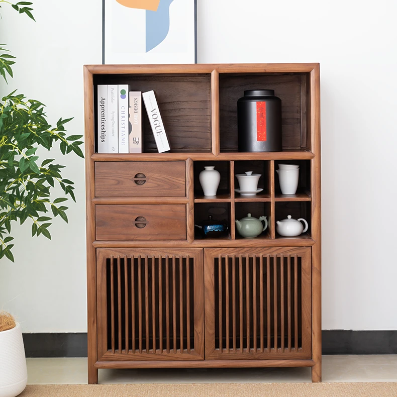 北美黑胡桃新中式实木餐边柜客厅落地办公茶柜边柜博古架茶叶书架