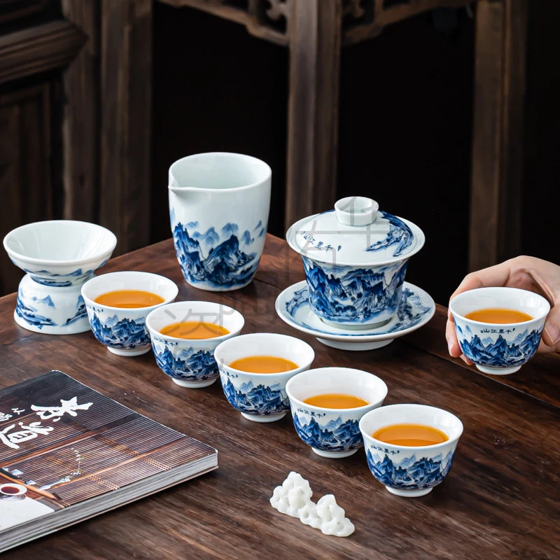 千里江山青花瓷茶具套装陶瓷家用整套盖碗茶杯小套办公简约茶具39