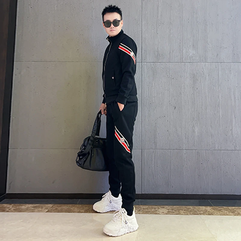 秋季潮牌休闲运动套装男士时尚百搭撞色宽松立领外套束脚裤两件套