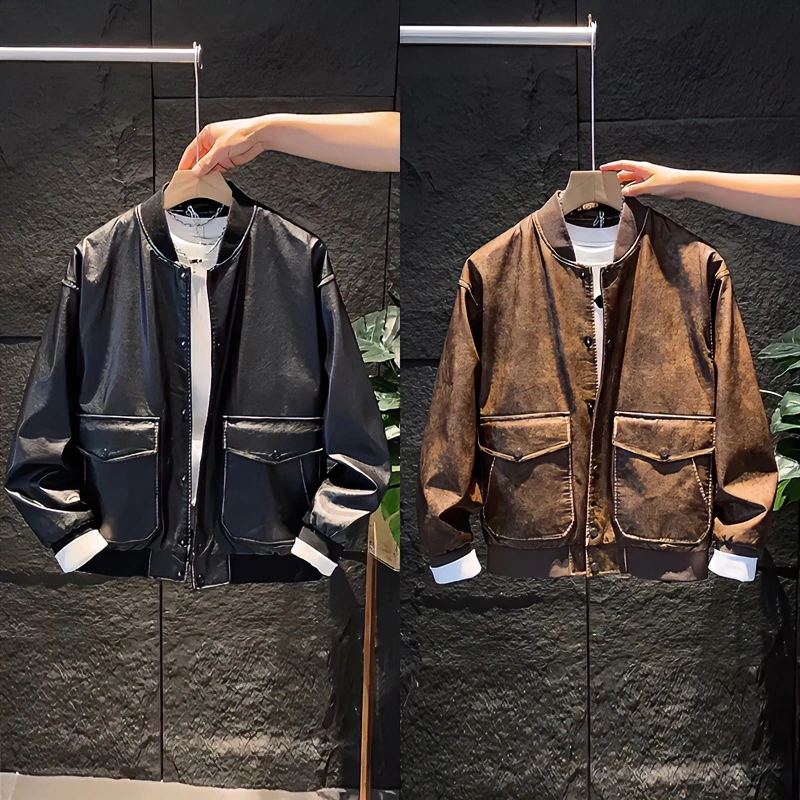 2024秋季新款男士皮夹克时尚休闲宽松百搭外套韩版潮流帅气棒球服