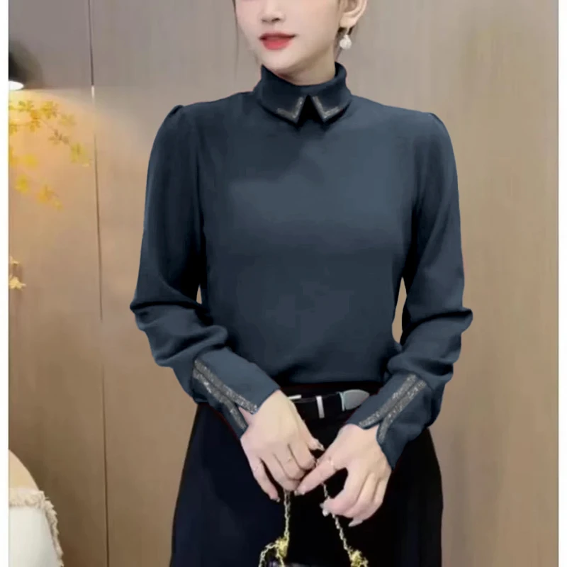 秋冬双面德绒小翻领烫钻保暖上衣网红洋气时尚百搭气质打底衫T恤