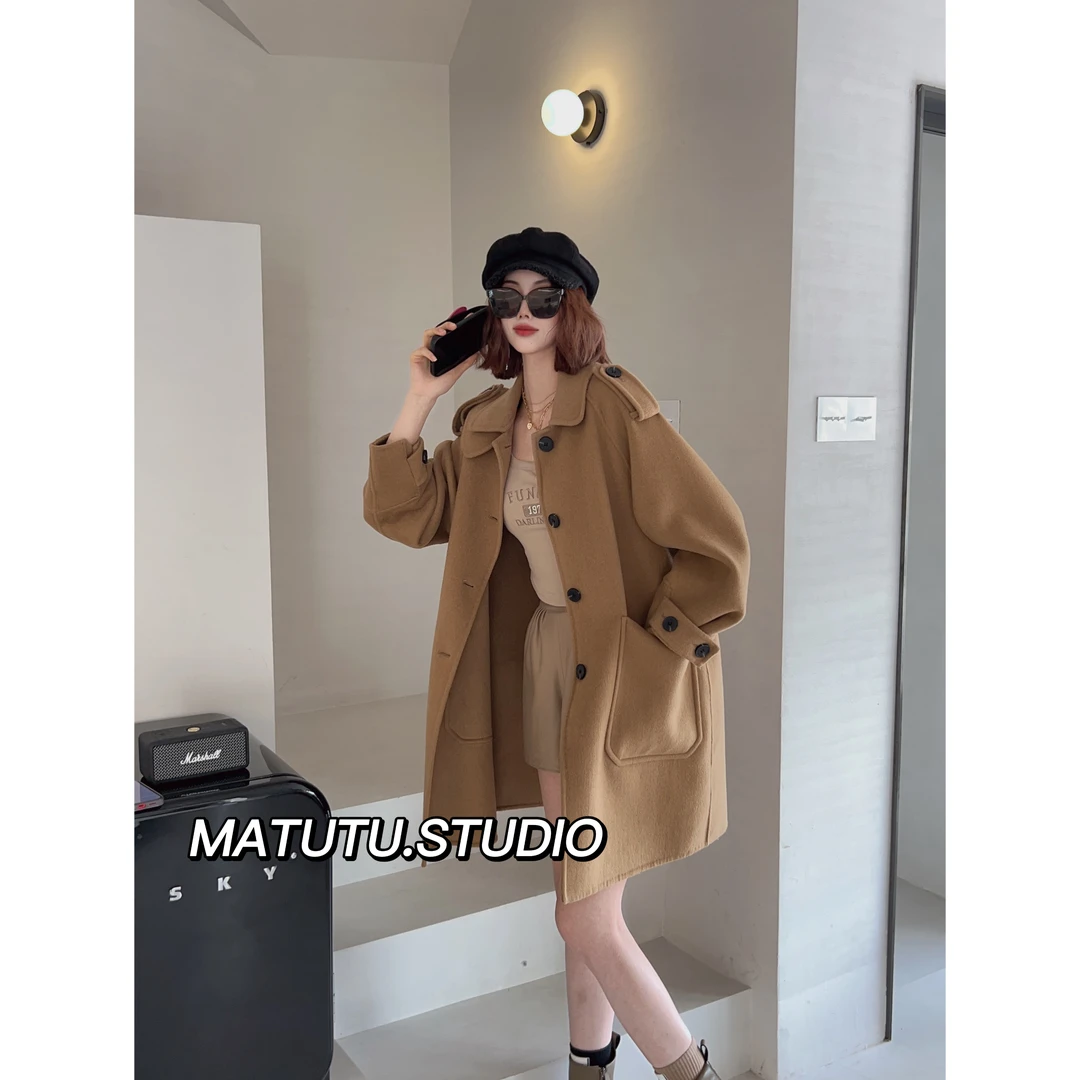 【热巴同款】羊毛大衣2025早春新款中长款显瘦韩版双面毛呢外套女
