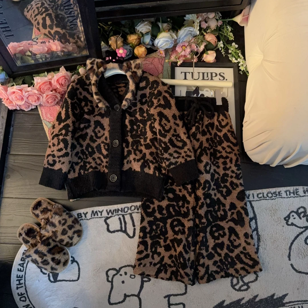 【现货】半边绒睡衣新款豹纹家居服女童套装2024新款秋冬季可外穿