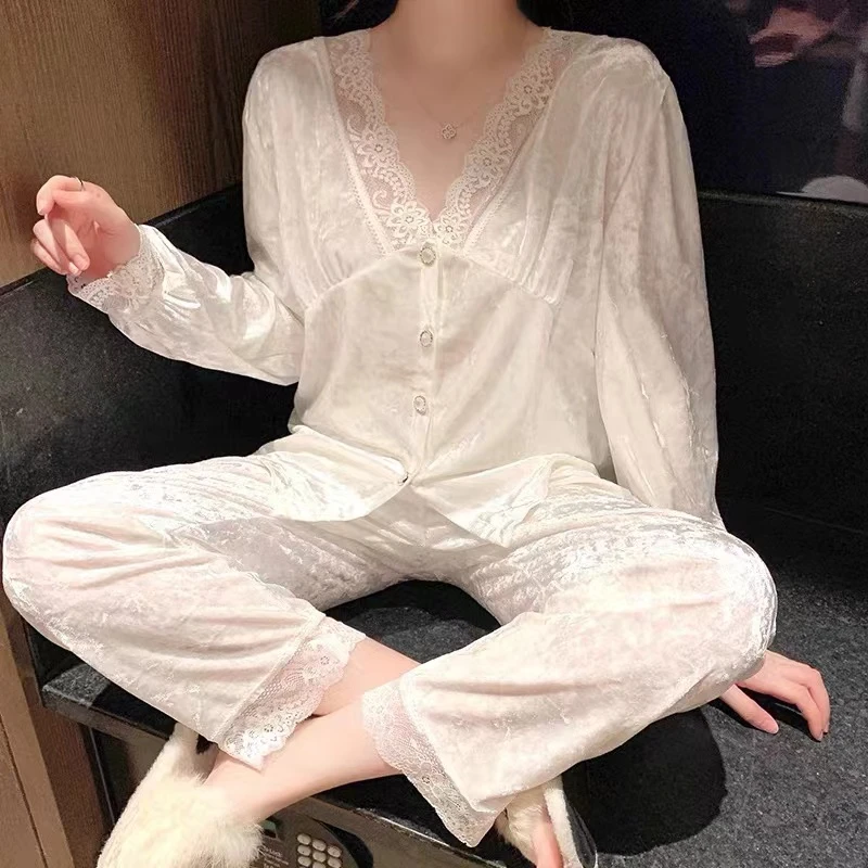 秋冬新款睡衣女白色蕾丝性感简约休闲风可外穿家居服两件套套装