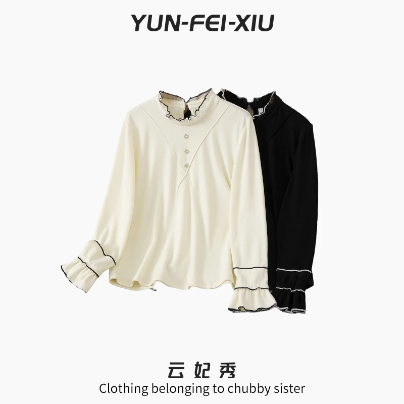 云妃秀大码女装T恤时尚休闲气质简约木耳边立领显瘦上衣夏季22103