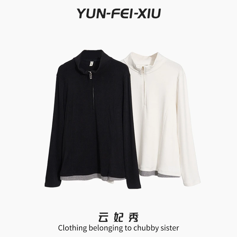 云妃秀大码女装T恤时尚休闲微胖半开拉链半高领气质显瘦春季35081