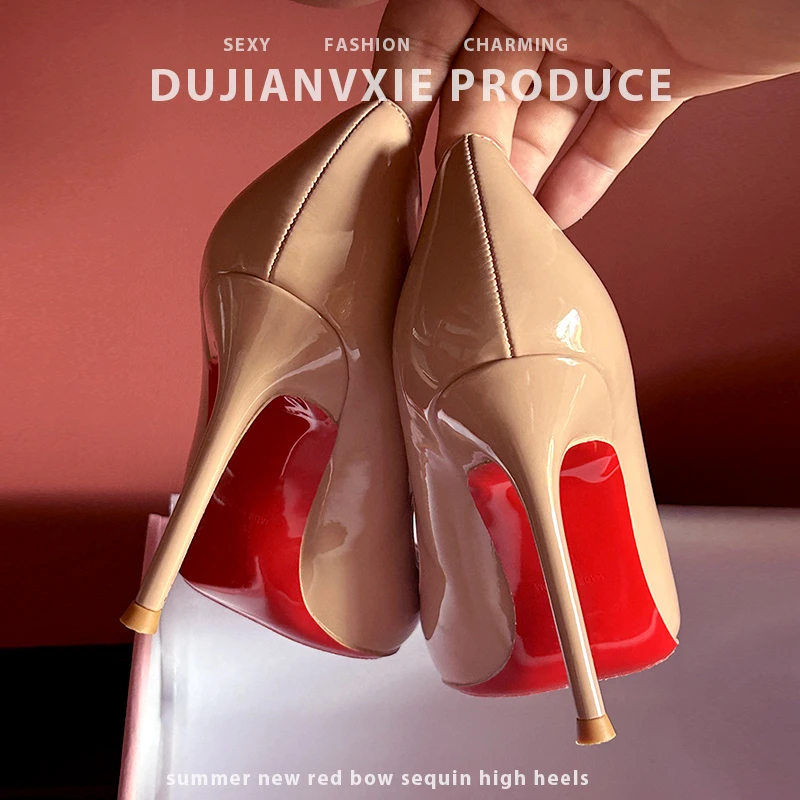 裸色侧空红底高跟鞋女2024秋季新款漆皮尖头细跟气质百搭时尚单鞋