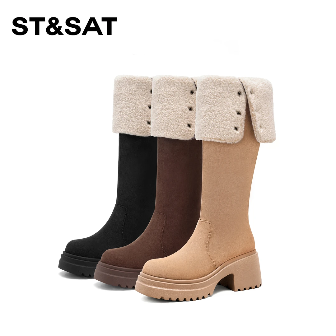 St&Sat/星期六百搭气质显瘦长筒靴2025新款厚底高筒时装靴女增高