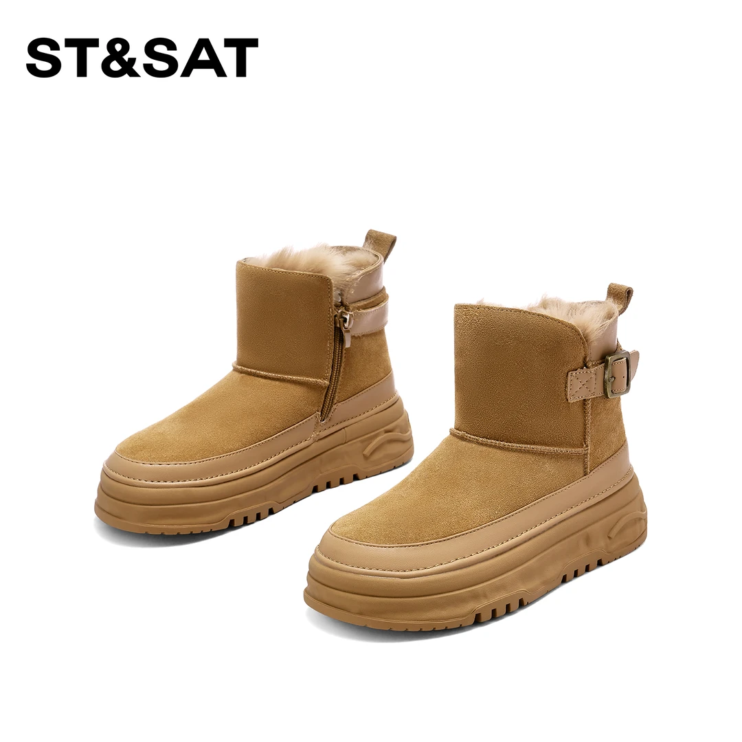 St&Sat/星期六保暖百搭厚底雪地靴2024新款潮流加绒短筒靴女加厚