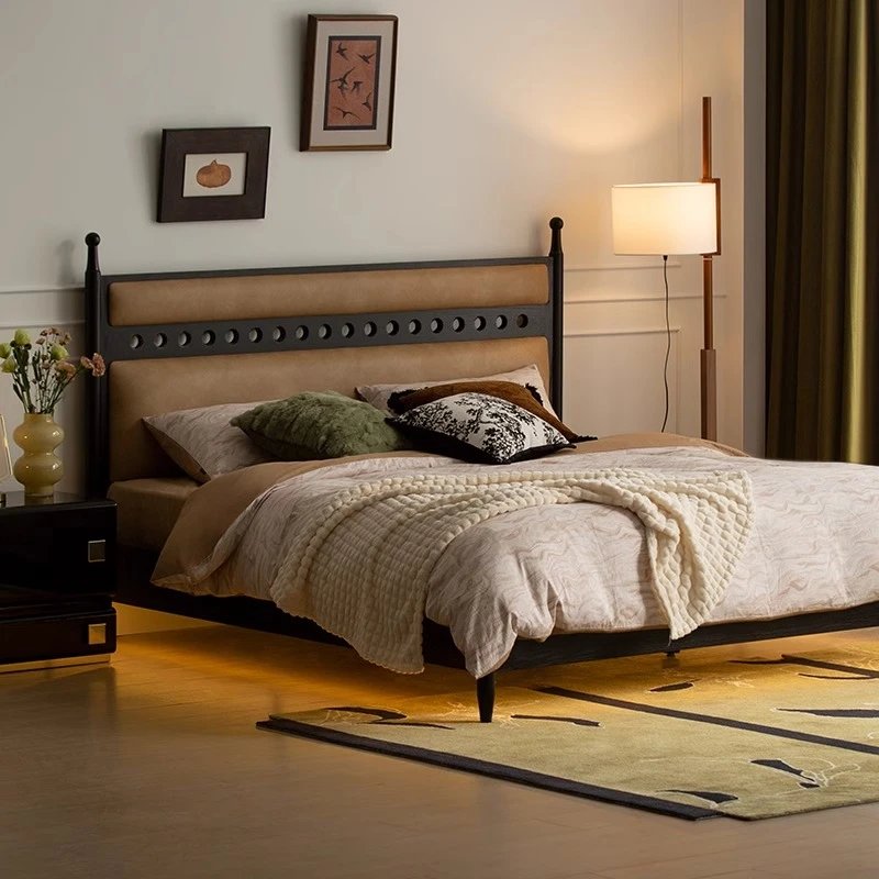 ANDROOM/生野安室法式中古床实木真皮复古橡木靠背现代双人软包