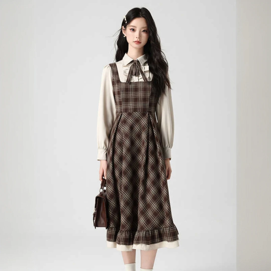 江晚秋法式假两件复古格纹绝美小连衣裙女装秋冬学院风裙子小个子