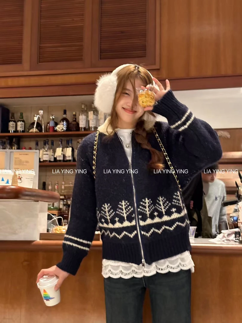 【迪迪】藏青毛衣～双拉链～元宝领～