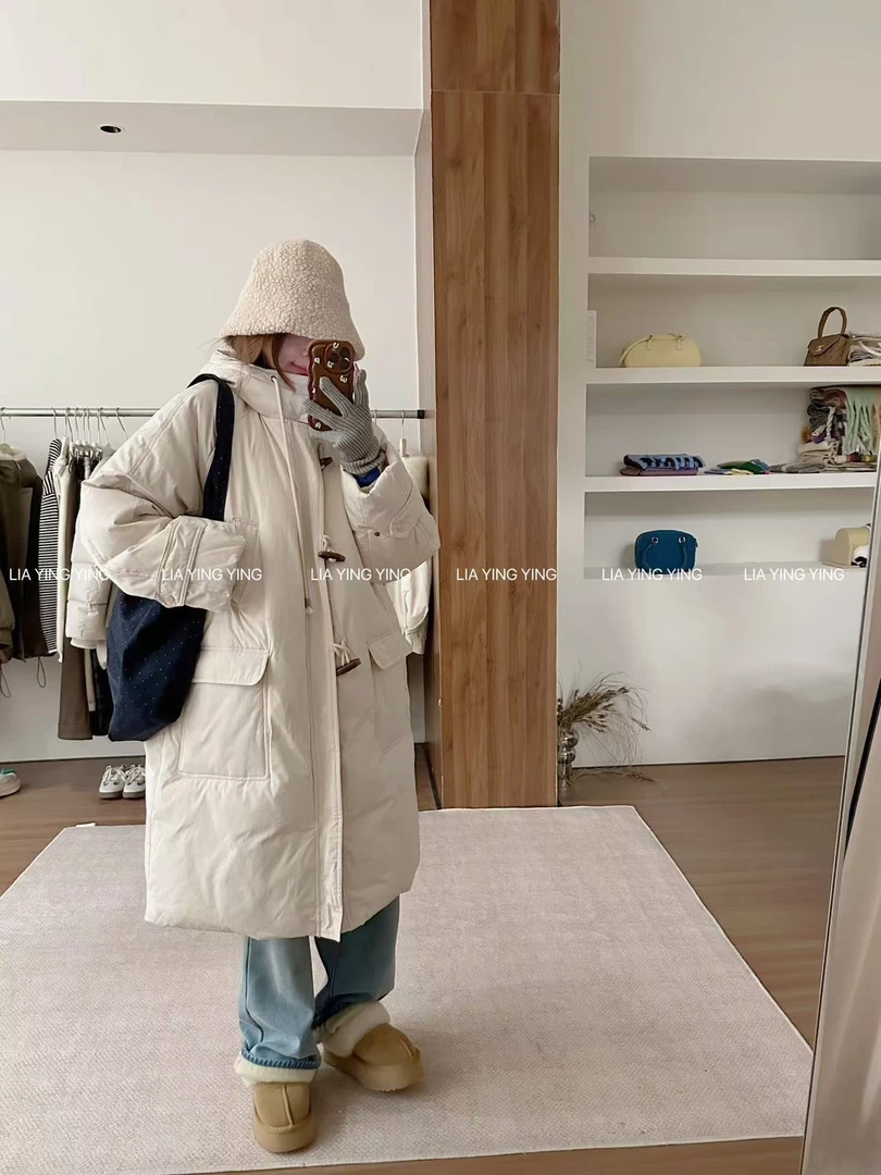 【梨大】韩里韩气！洋！韩代保暖羽绒服～牛角扣连帽加厚白鸭绒外套冬