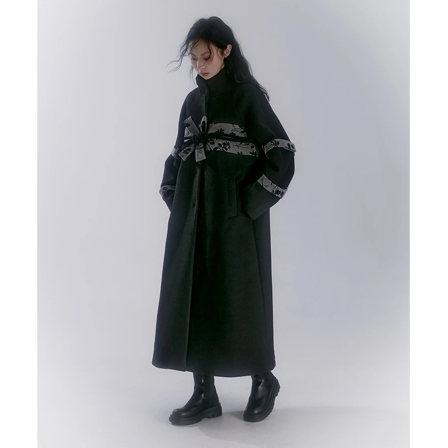 SALTHe盐茶原创设计新中式蝴蝶结大盘扣毛呢大衣长款绑带拼接