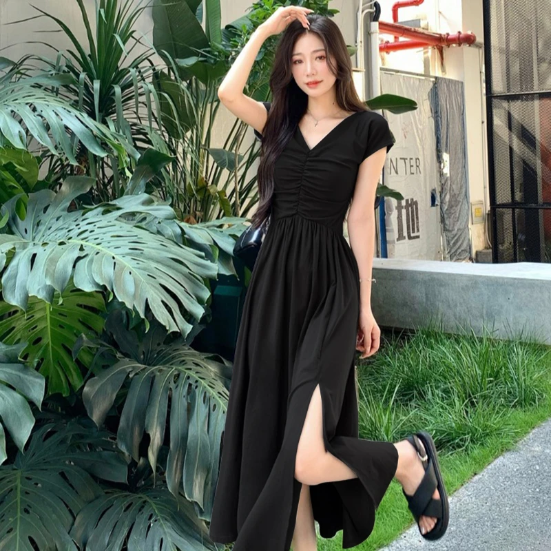 【秀秀】复古赫本风V领收腰连衣裙夏法式气质高级感开叉长裙1024